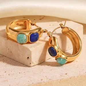 Chunky Stainless Steel 18K Gold-Plated Hoop Earrings with Blue and Green Stones